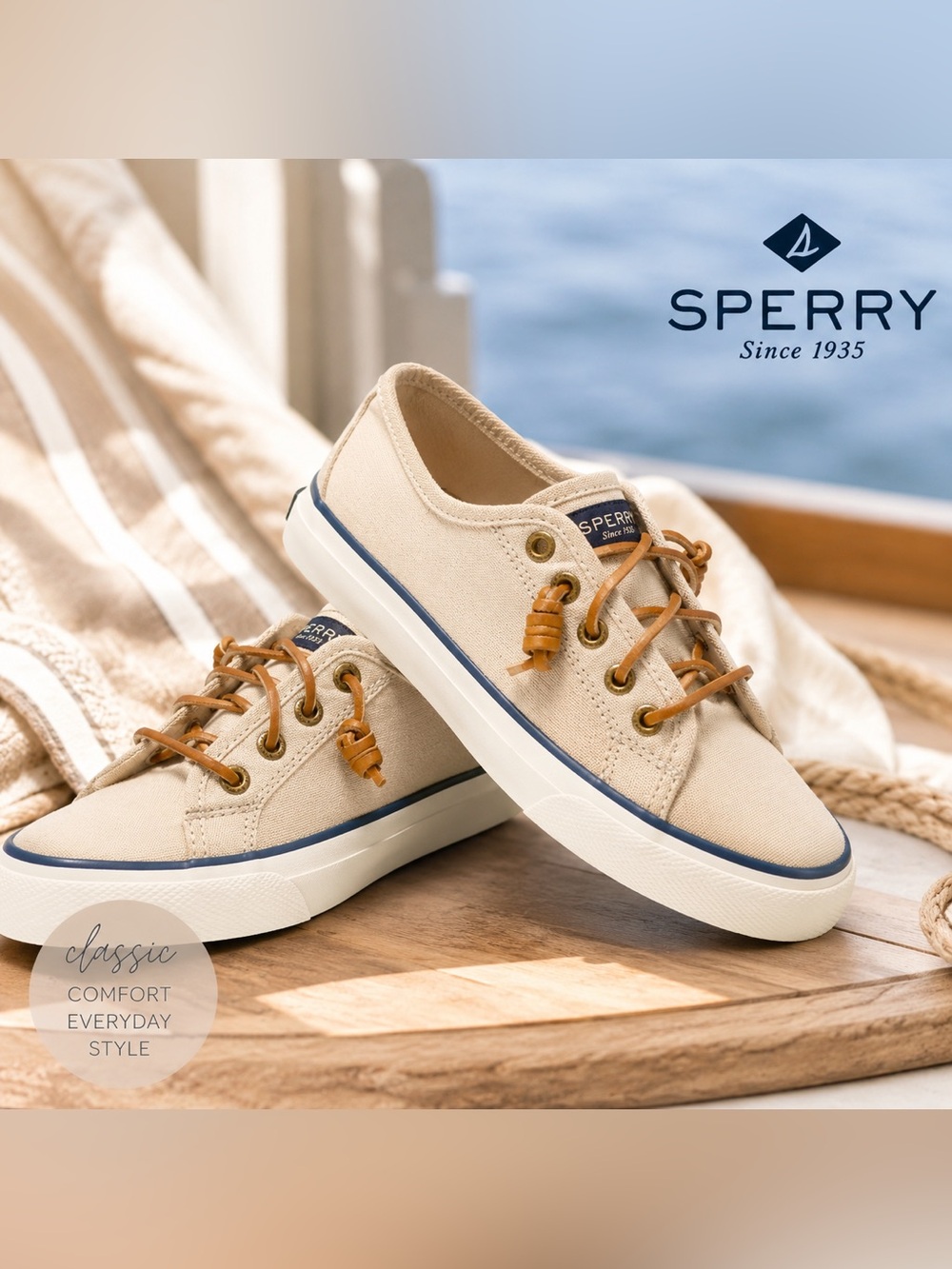 Sperry Coastal Beige Canvas Sneakers Size 9 | Nautical Casual Summer Shoes - Picture 1 of 9